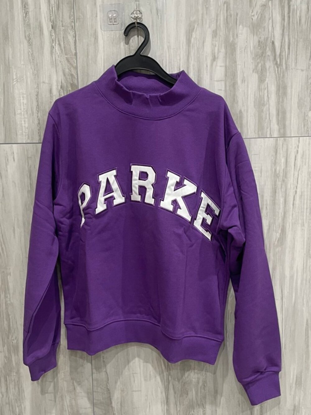 PARKE Purple Mock Neck Crew Sweatshirt Varsity Applique